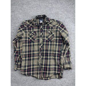 Wrangler Shirt Mens Medium Black Tan Red Plaid Western Pearl‎ Snap Flannel Yoke